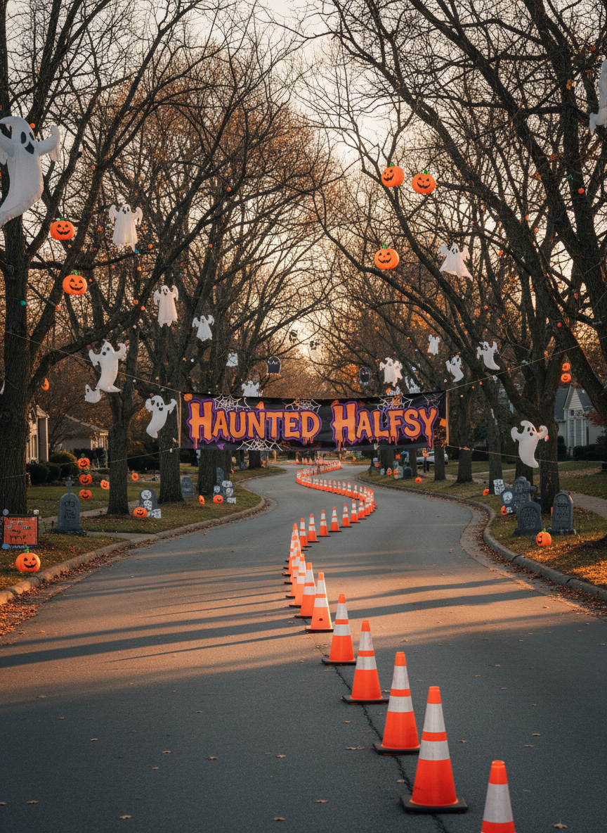 A long, winding half marathon course marked by bright orange cones snakes through a quiet suburban street lined with leafless trees draped in playful Halloween decorations. Inflatable ghosts, cartoonish gravestones, and strings of smiling jack-o’-lantern lights decorate front yards. The scene is empty of people, focusing on the path itself, with a large banner over the road reading “Haunted Halfsy” in bold, festive lettering. Captured in photographic realism at eye level, late-afternoon golden hour light casts warm, elongated shadows and makes the autumn leaves glow, creating a lively yet slightly spooky atmosphere, with crisp focus throughout the frame.