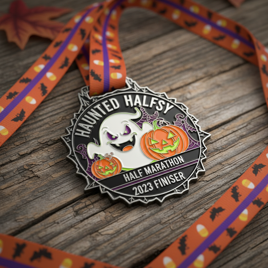 A close-up photographic view of a shiny black finisher’s medal for the “Haunted Halfsy” Halloween Half Marathon resting on rough-weathered wooden planks. The medal features a grinning cartoon ghost and a carved pumpkin, with raised metallic details and a glossy enamel finish in vibrant oranges, purples, and acid greens. The attached ribbon, patterned with tiny bats and candy corn, spills diagonally across the frame. Soft, diffused studio lighting from the side creates subtle highlights on the metal and gentle shadows in the wood grain. Shot from a slightly elevated angle with shallow depth of field, the background falls into a soft blur of scattered autumn leaves, creating a playful, celebratory mood.