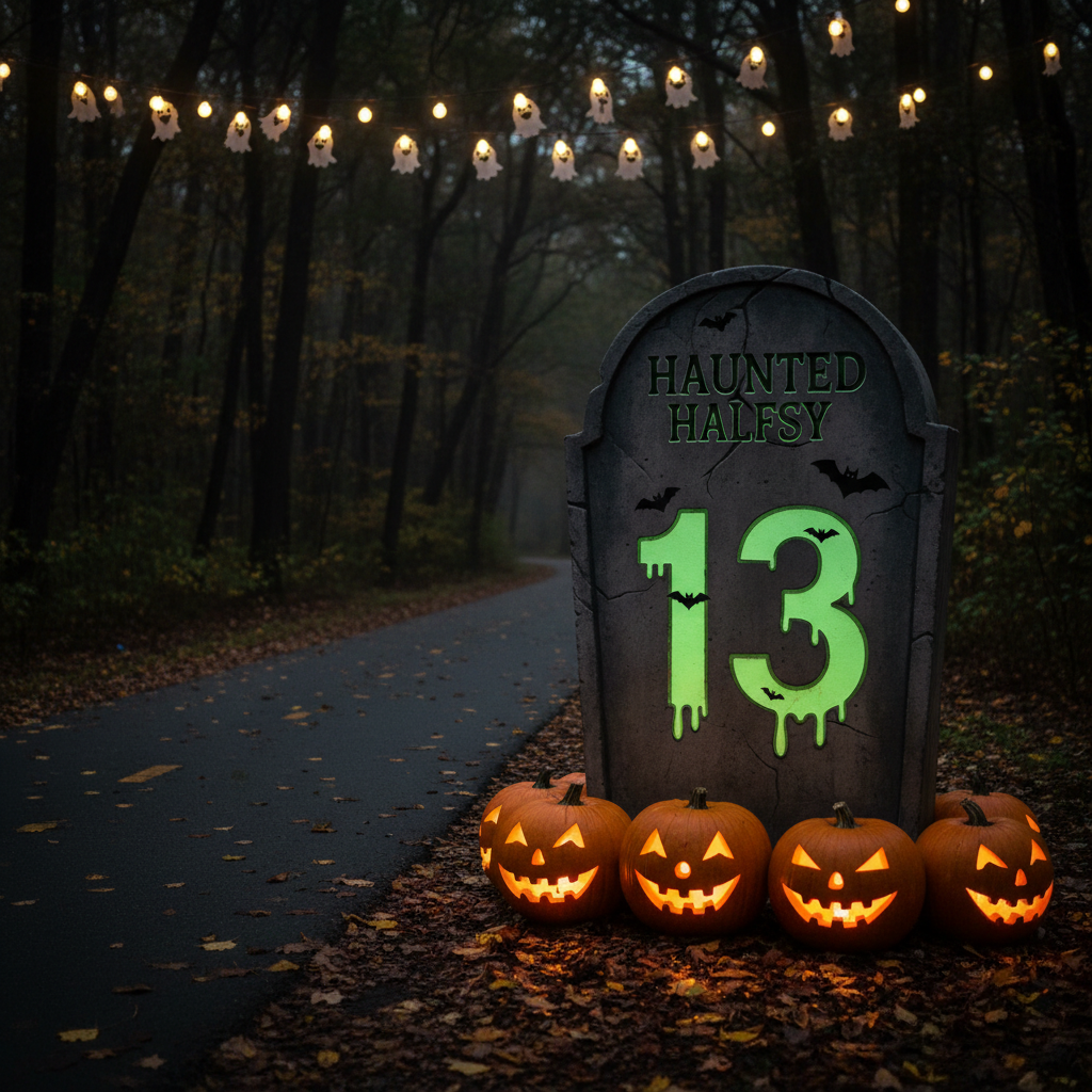 A nighttime photographic scene of a “Haunted Halfsy” mile marker sign standing beside a quiet paved trail that disappears into dark, densely wooded trees. The sign is shaped like a tall, cartoon tombstone and clearly displays a large number “13” with dripping slime typography and tiny illustrated bats. A ring of carved pumpkins with exaggerated, silly faces circles the base, each lit from within, casting warm, dancing light onto fallen leaves. Overhead, string lights with tiny ghost-shaped bulbs create a gentle, whimsical glow that fades into the surrounding darkness. Captured at eye level with a shallow depth of field, the sign and pumpkins are in crisp focus while the background dissolves into mysterious shadows, balancing eerie and playful moods.