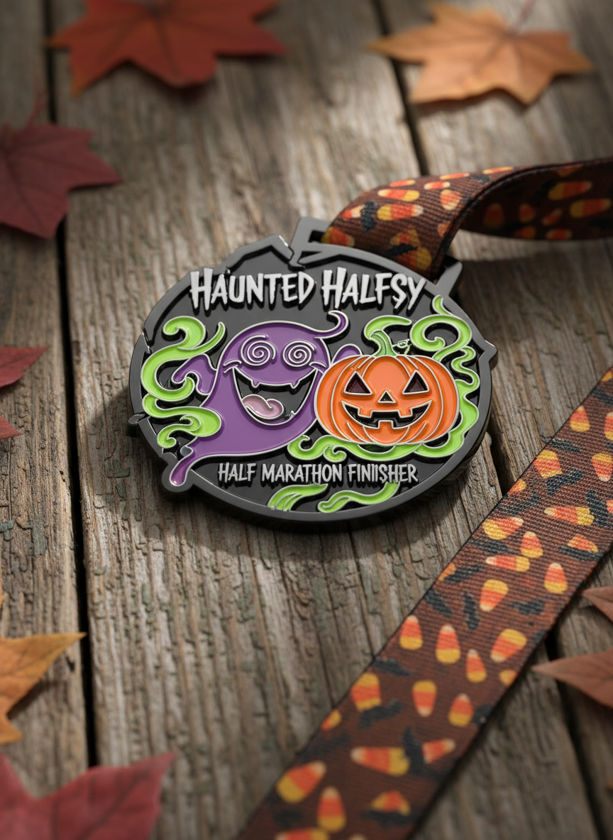 A close-up photographic view of a shiny black finisher’s medal for the “Haunted Halfsy” Halloween Half Marathon resting on rough-weathered wooden planks. The medal features a grinning cartoon ghost and a carved pumpkin, with raised metallic details and a glossy enamel finish in vibrant oranges, purples, and acid greens. The attached ribbon, patterned with tiny bats and candy corn, spills diagonally across the frame. Soft, diffused studio lighting from the side creates subtle highlights on the metal and gentle shadows in the wood grain. Shot from a slightly elevated angle with shallow depth of field, the background falls into a soft blur of scattered autumn leaves, creating a playful, celebratory mood.
