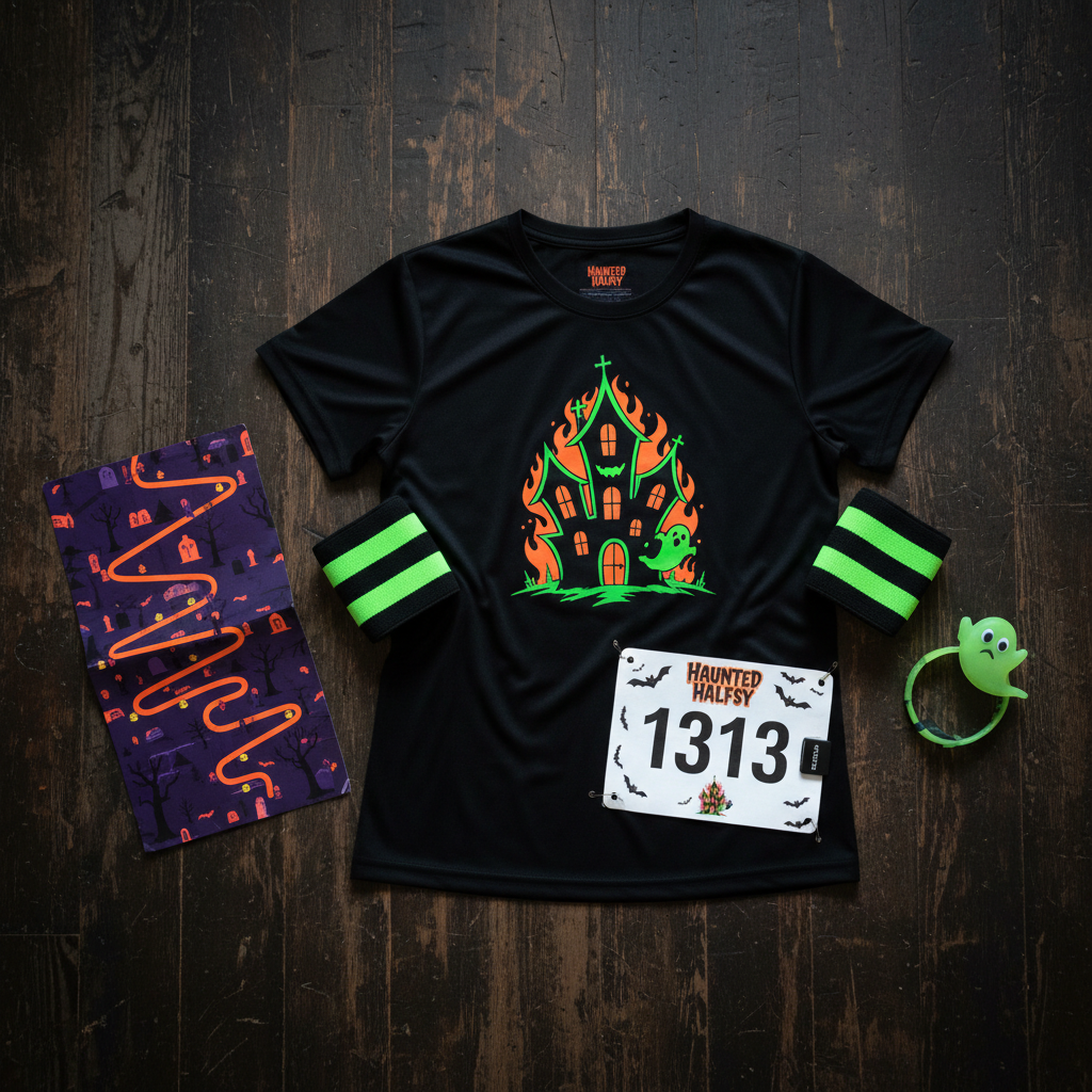 A flat-lay photographic composition of a full Haunted Halfsy race kit arranged on a dark, textured wooden floor. A jet-black technical race shirt with a bright neon-green and orange haunted house logo sits centered, surrounded by a numbered race bib featuring cartoon bats, a sleek black timing chip, reflective arm bands, and a glow-in-the-dark rubber bracelet shaped like a ghost. To the side, a folded course map printed in purple and orange wind across the page like a spooky path. Soft, diffused overhead lighting creates even illumination and gentle, natural shadows, emphasizing the textures of fabric and paper. The mood is exciting and anticipatory, with vibrant Halloween colors contrasting sharply against the dark background.