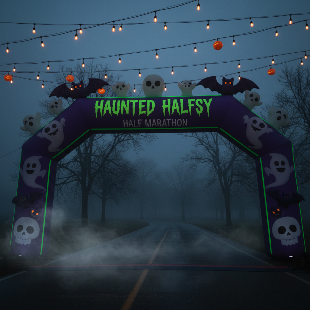 A dramatic photographic scene of a start line arch for the “Haunted Halfsy” half marathon standing on an empty road that gently curves into a misty, tree-lined distance. The inflatable arch is deep purple with neon-green trim and covered in friendly Halloween icons: smiling ghosts, cute bats, and goofy skulls. Overhead string lights with tiny pumpkin lanterns glow warmly against a cool pre-dawn sky. Low, fog-like ground mist curls around the base of the arch and along the road. The image is shot from a low-angle perspective, emphasizing the arch against the sky, with cinematic, moody lighting highlighting the arch and letting the trees fall into a soft, eerie shadow.