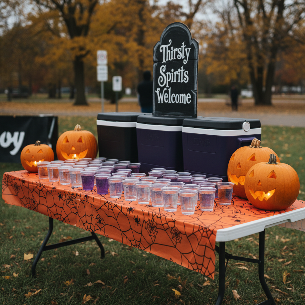 A whimsical hydration station set up for the Haunted Halfsy half marathon featuring a long folding table draped in a bright orange cloth patterned with cartoon spiderwebs. On top, neatly arranged clear plastic cups of water and sports drink form colorful rows, flanked by large carved pumpkins with goofy, exaggerated faces and battery tea lights glowing inside. Behind the table, stacks of black and purple coolers and a playful sign shaped like a tombstone read “Thirsty Spirits Welcome.” Photographic realism captures the scene under soft overcast daylight, producing even, flattering light and minimal shadows. Shot at a three-quarter angle with moderate depth of field, the background reveals blurred autumn trees and course signage, giving an energetic, welcoming atmosphere.