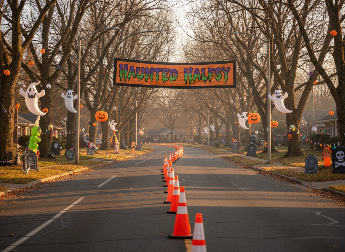 A long, winding half marathon course marked by bright orange cones snakes through a quiet suburban street lined with leafless trees draped in playful Halloween decorations. Inflatable ghosts, cartoonish gravestones, and strings of smiling jack-o’-lantern lights decorate front yards. The scene is empty of people, focusing on the path itself, with a large banner over the road reading “Haunted Halfsy” in bold, festive lettering. Captured in photographic realism at eye level, late-afternoon golden hour light casts warm, elongated shadows and makes the autumn leaves glow, creating a lively yet slightly spooky atmosphere, with crisp focus throughout the frame.